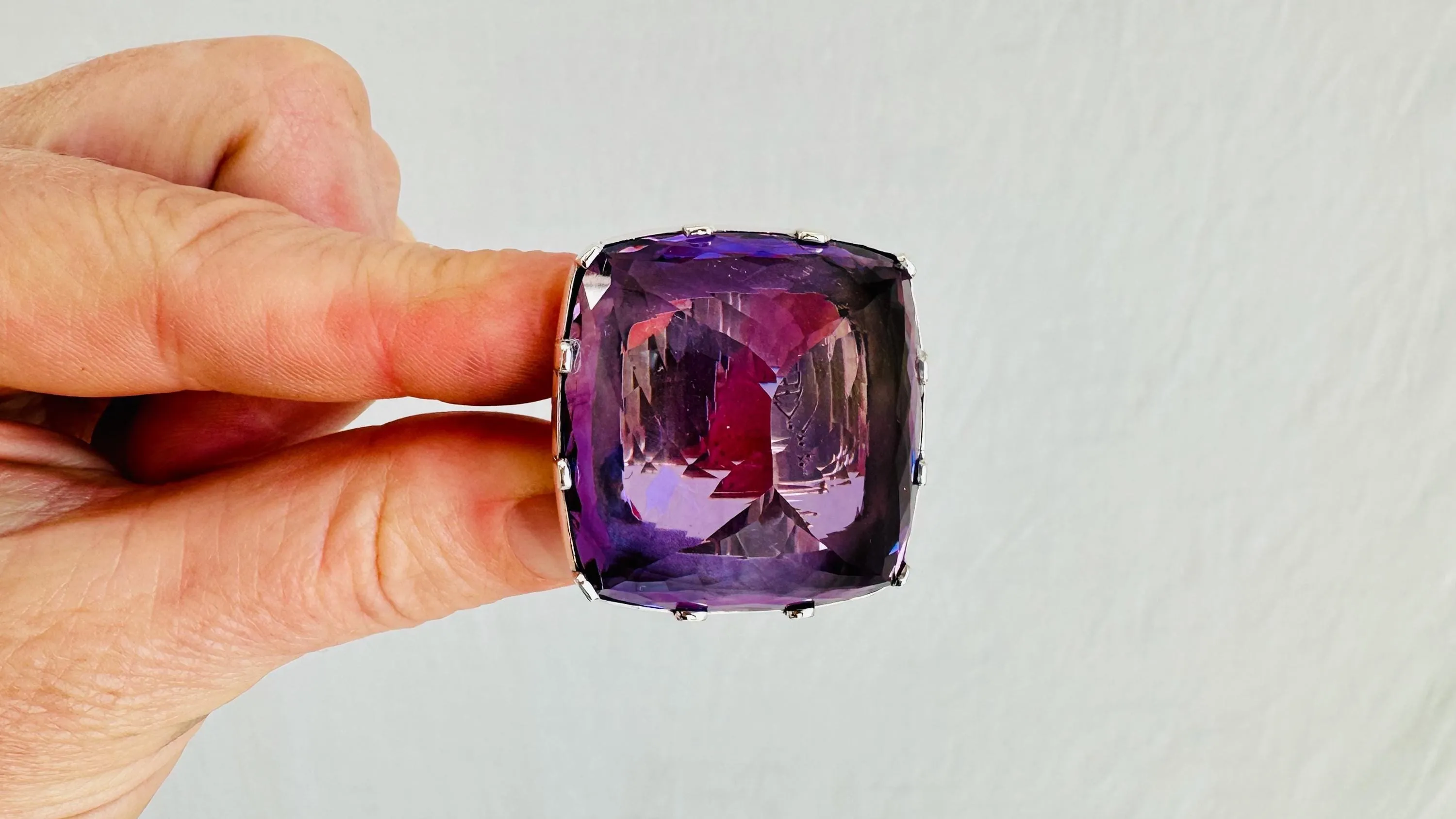Oversized Faceted Amethyst Cocktail Ring | Handmade Adjustable Sterling Silver | Unique Gemstone Jewelry.