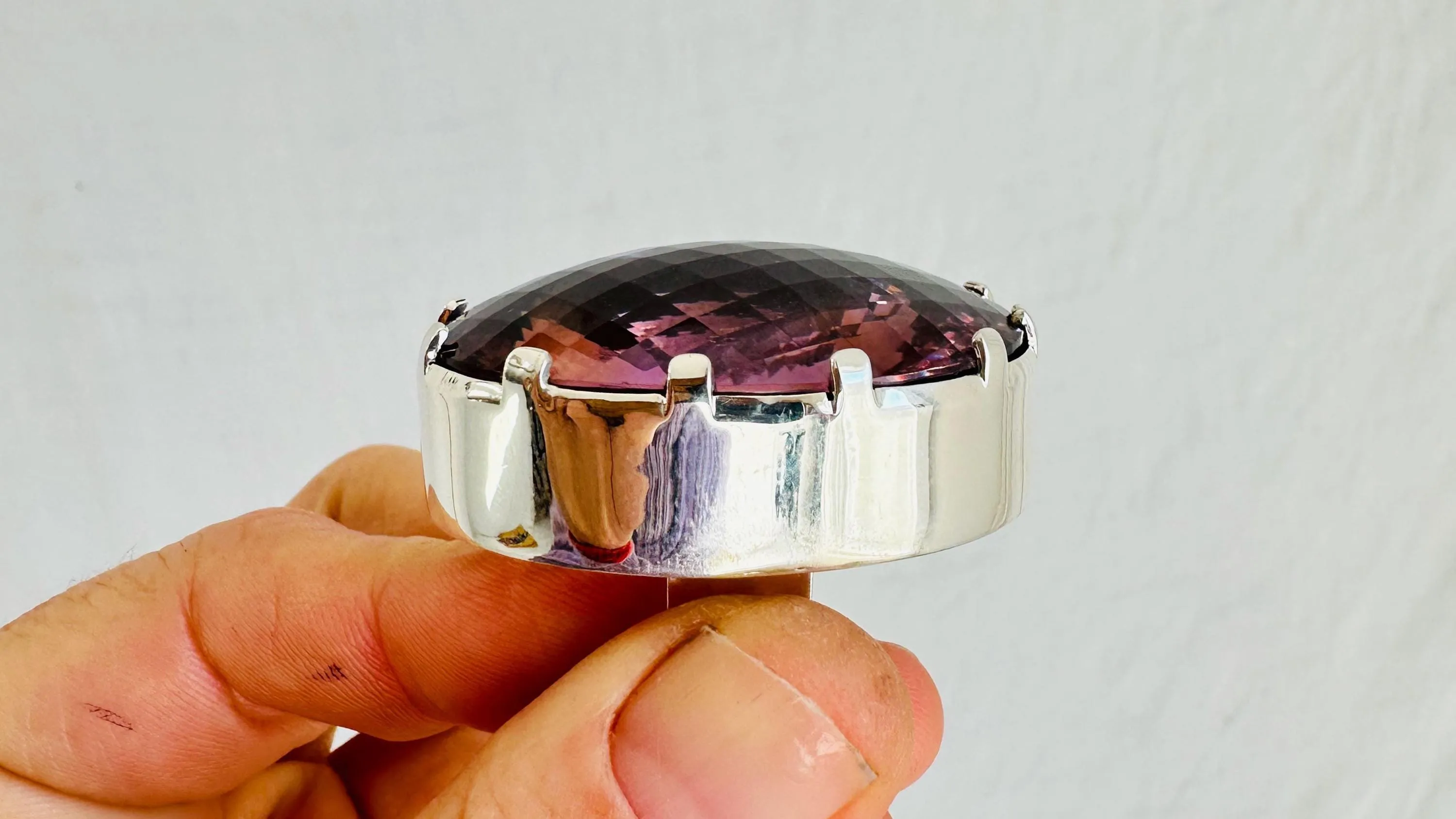 Oversized Faceted Amethyst Ring | Handmade Adjustable Sterling Silver | Unique Gemstone Jewelry. 4005