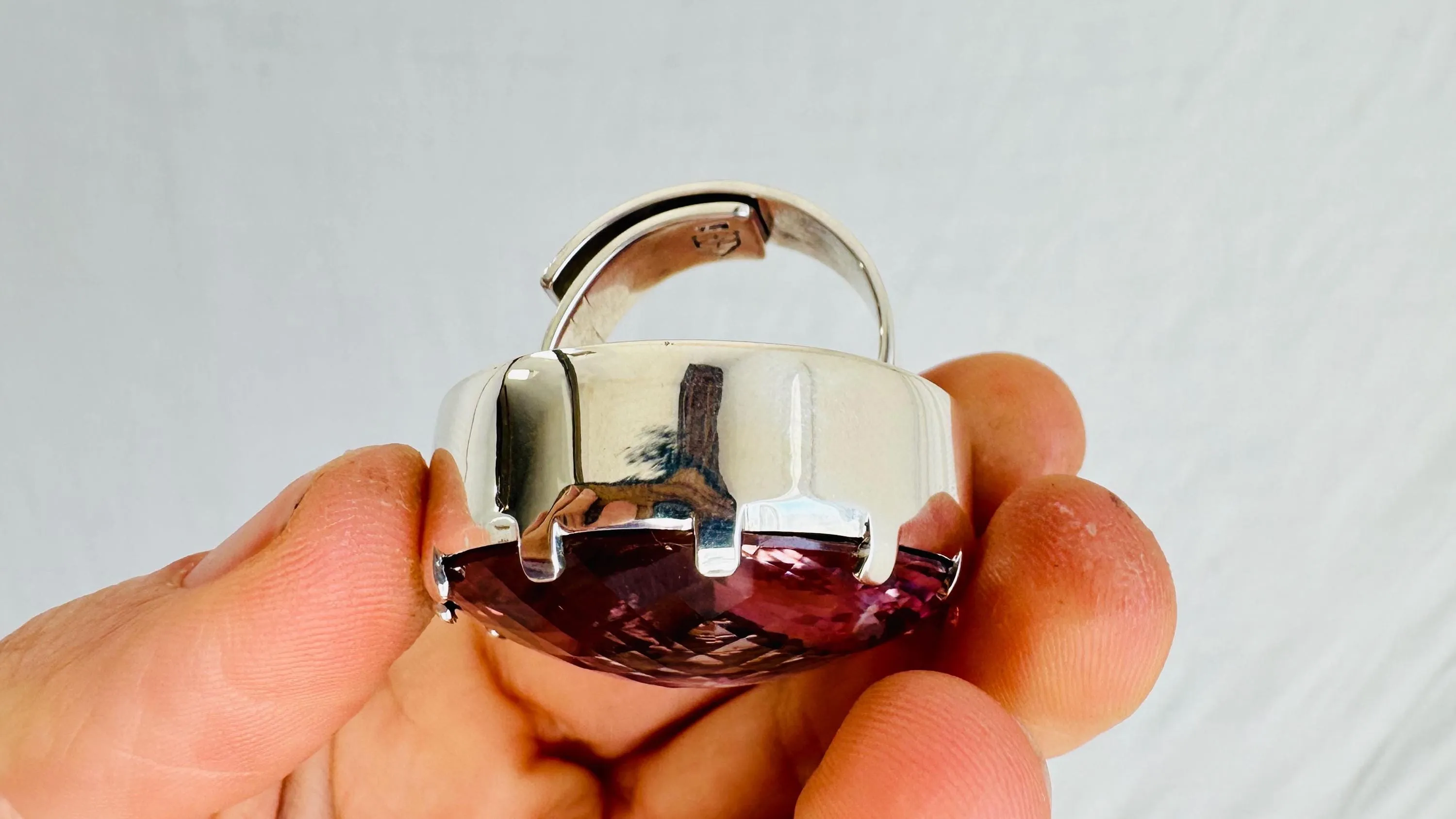 Oversized Faceted Amethyst Ring | Handmade Adjustable Sterling Silver | Unique Gemstone Jewelry. 4005