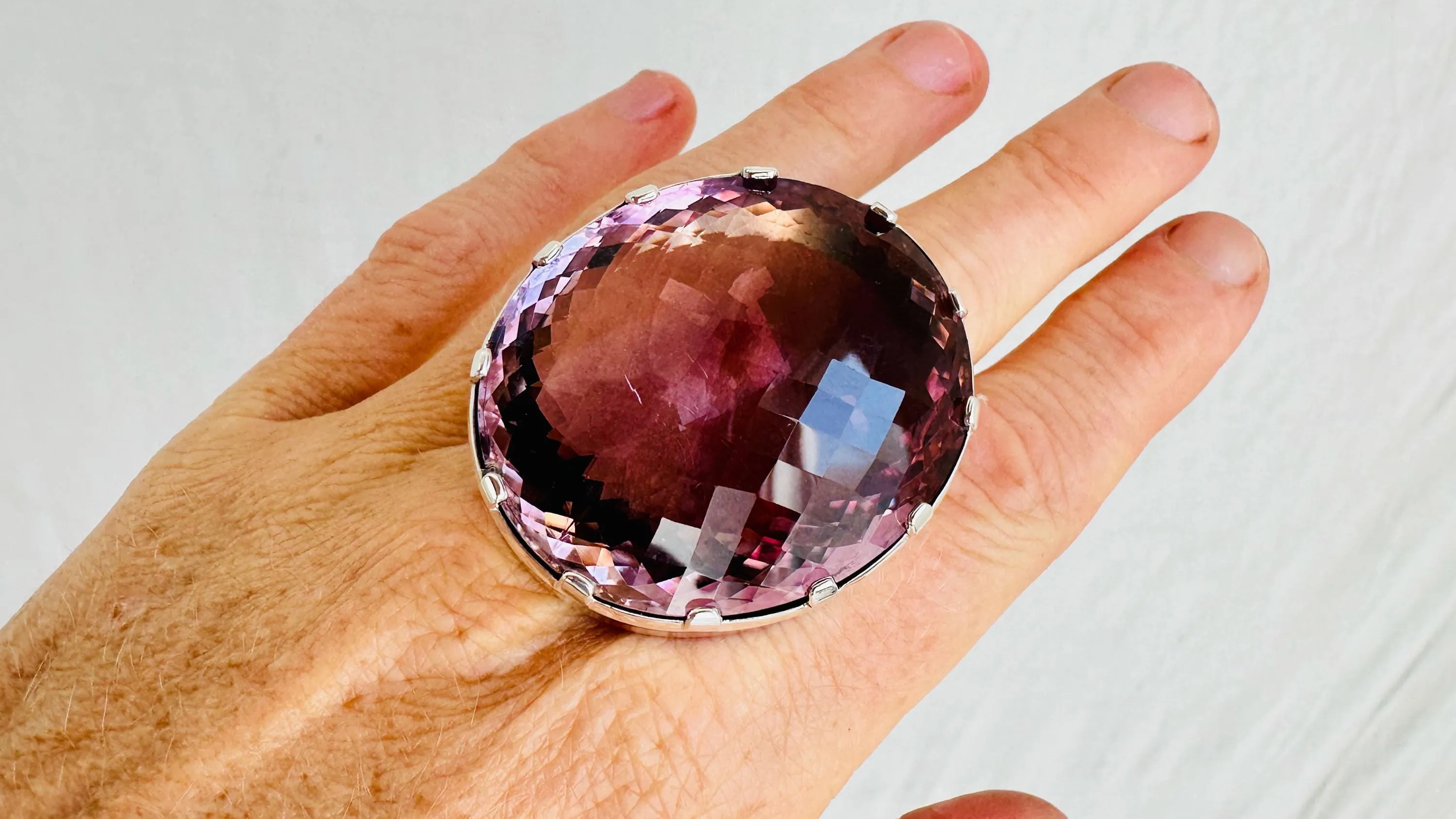 Oversized Faceted Amethyst Ring | Handmade Adjustable Sterling Silver | Unique Gemstone Jewelry. 4005