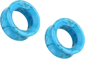 Pair (2PCS) BLUE HOWLITE TURQUOISE STONE TUNNELS Double Flare Gauges Ear Plugs 9249