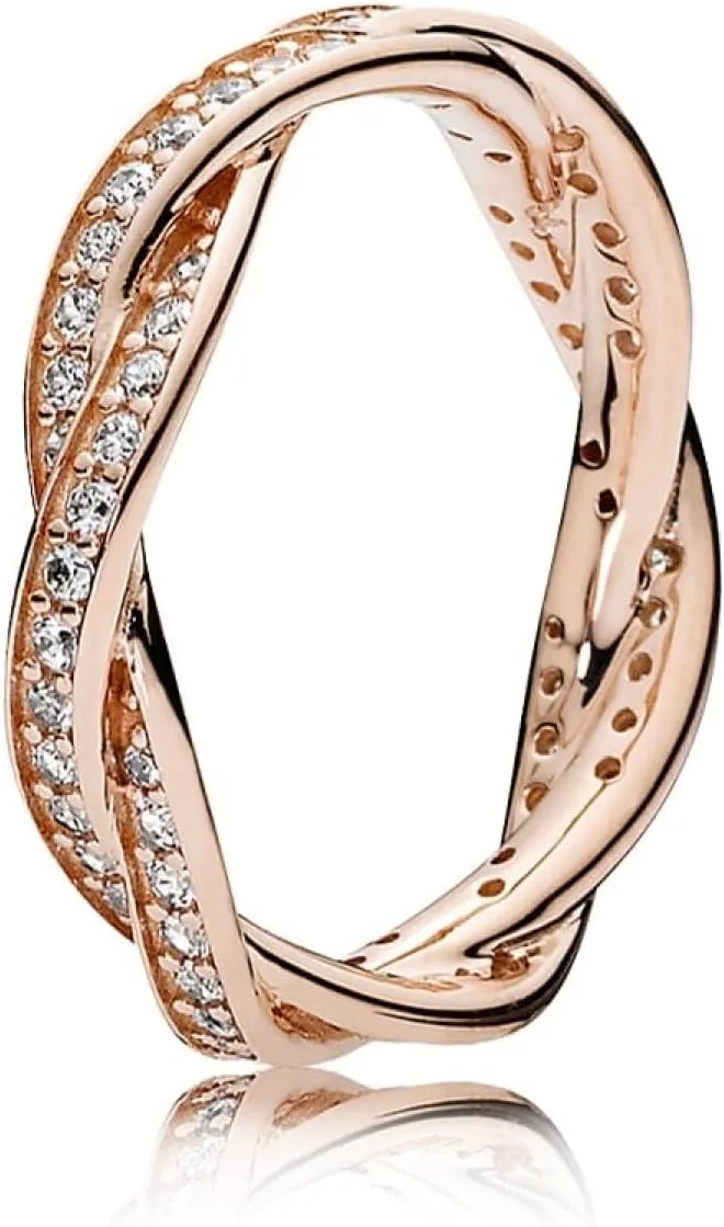 Pandora Sparkling Twisted Lines Ring - Stackable Rose Gold Ring for Women - 14k Rose Gold-Plated Rose with Cubic Zirconia - Size 7