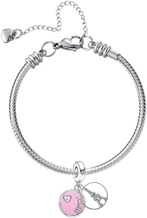 Paris Eiffel Tower Charm Dangle Travel Collection Vacation Holiday Enamel Heart Bead fit Charms Bracelet
