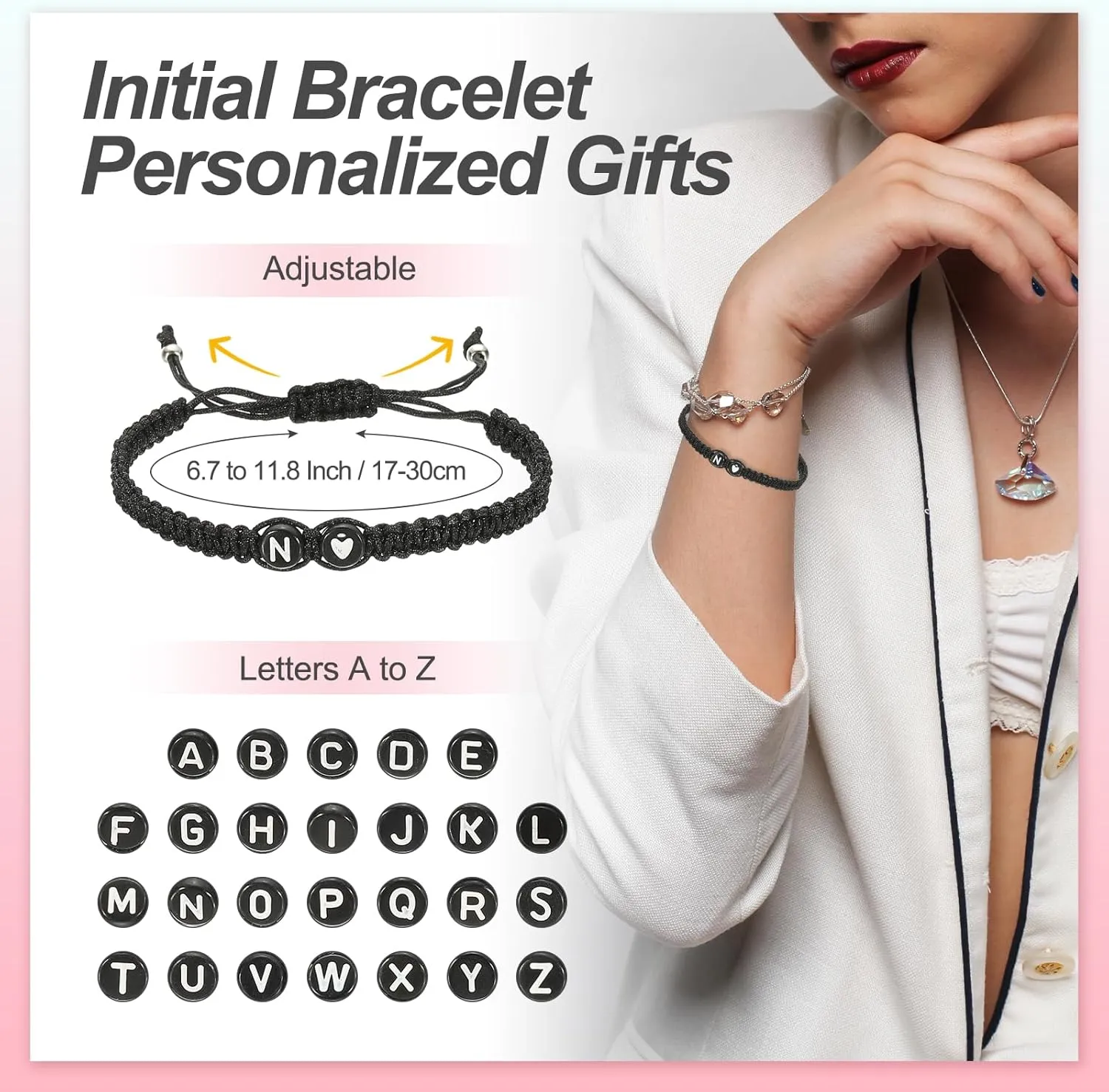 PATIKIL Initial Bracelet, Adjustable Alphabet Heart Braided Black Rope Bracelet Matching Couple Initial Bracelet Personalized Gifts