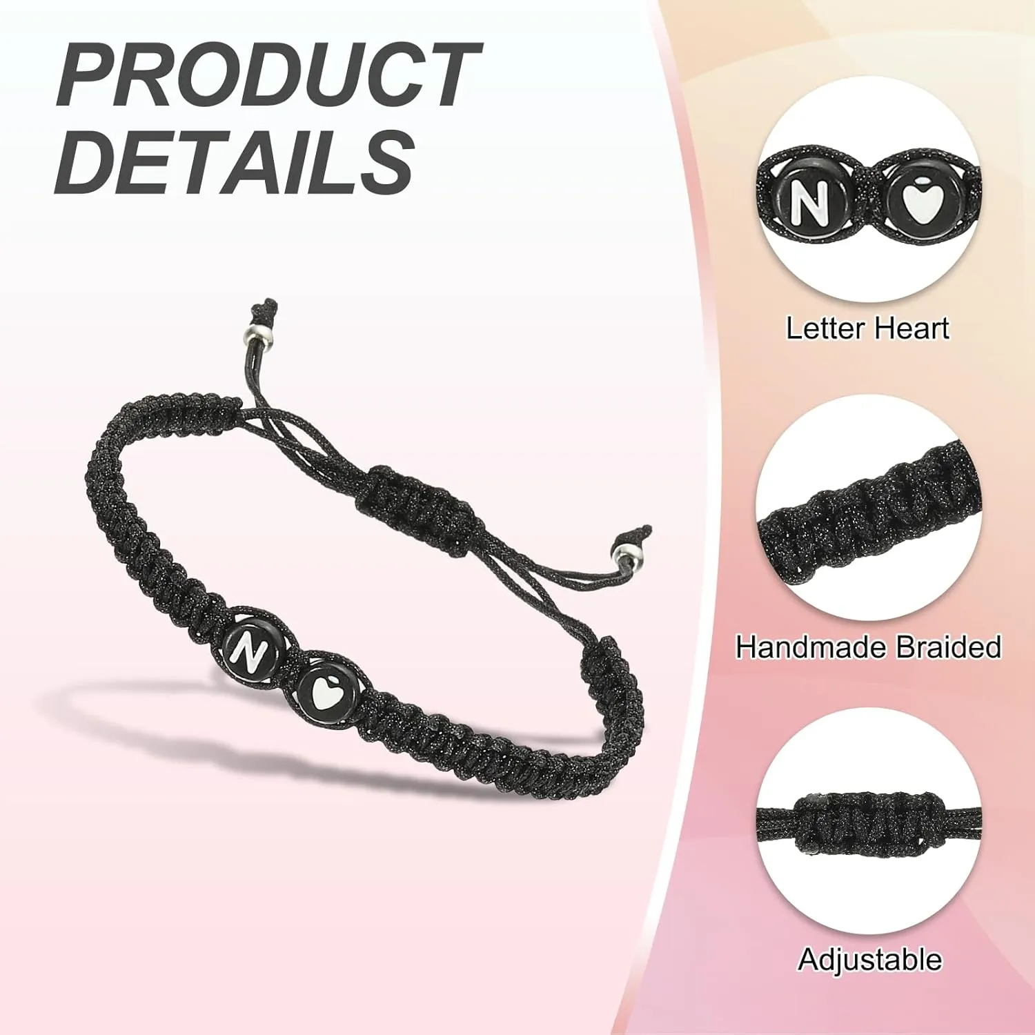 PATIKIL Initial Bracelet, Adjustable Alphabet Heart Braided Black Rope Bracelet Matching Couple Initial Bracelet Personalized Gifts