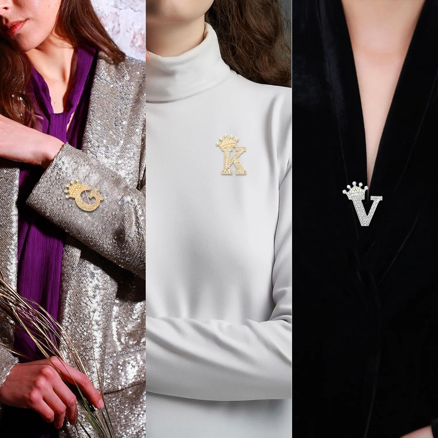 PATIKIL Letter Brooch Pins, Crown Initial Rhinestone Alphabet Letter Lapel Badges Pin for Women Suits Dress
