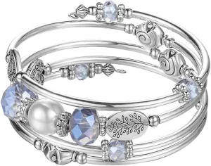 PEARL&CLUB Bead Crystal Wrap Bangle Bracelet - Fashion Jewelry Beaded Bracelet with Silver Metal, Gifts for Women