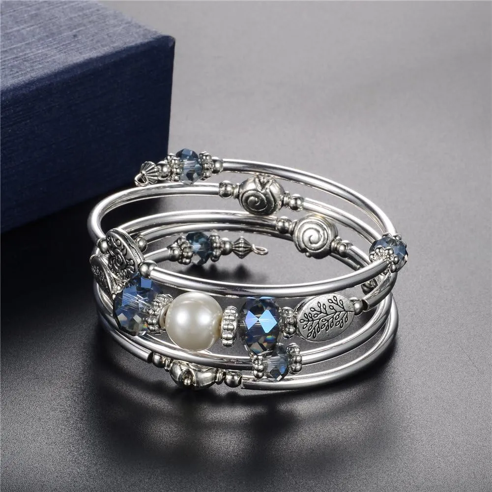 PEARL&CLUB Bead Crystal Wrap Bangle Bracelet - Fashion Jewelry Beaded Bracelet with Silver Metal, Gifts for Women