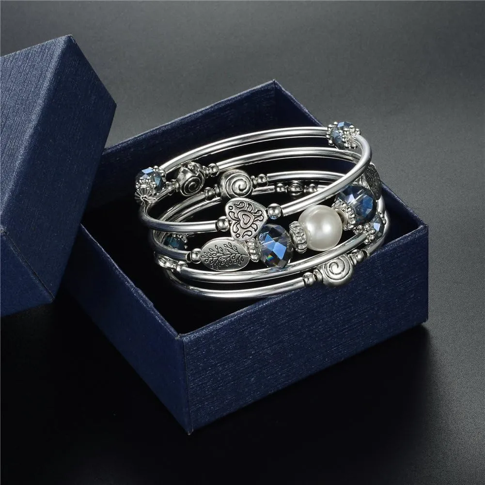 PEARL&CLUB Bead Crystal Wrap Bangle Bracelet - Fashion Jewelry Beaded Bracelet with Silver Metal, Gifts for Women