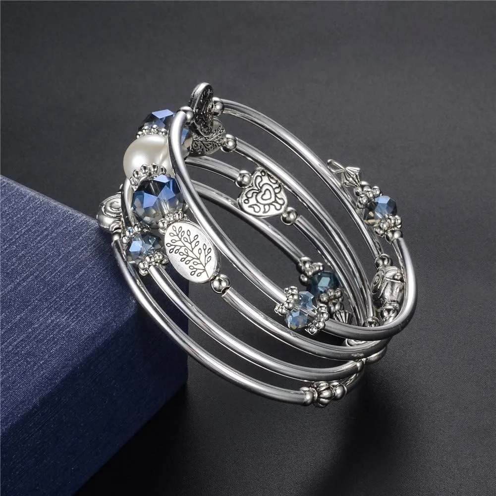 PEARL&CLUB Bead Crystal Wrap Bangle Bracelet - Fashion Jewelry Beaded Bracelet with Silver Metal, Gifts for Women
