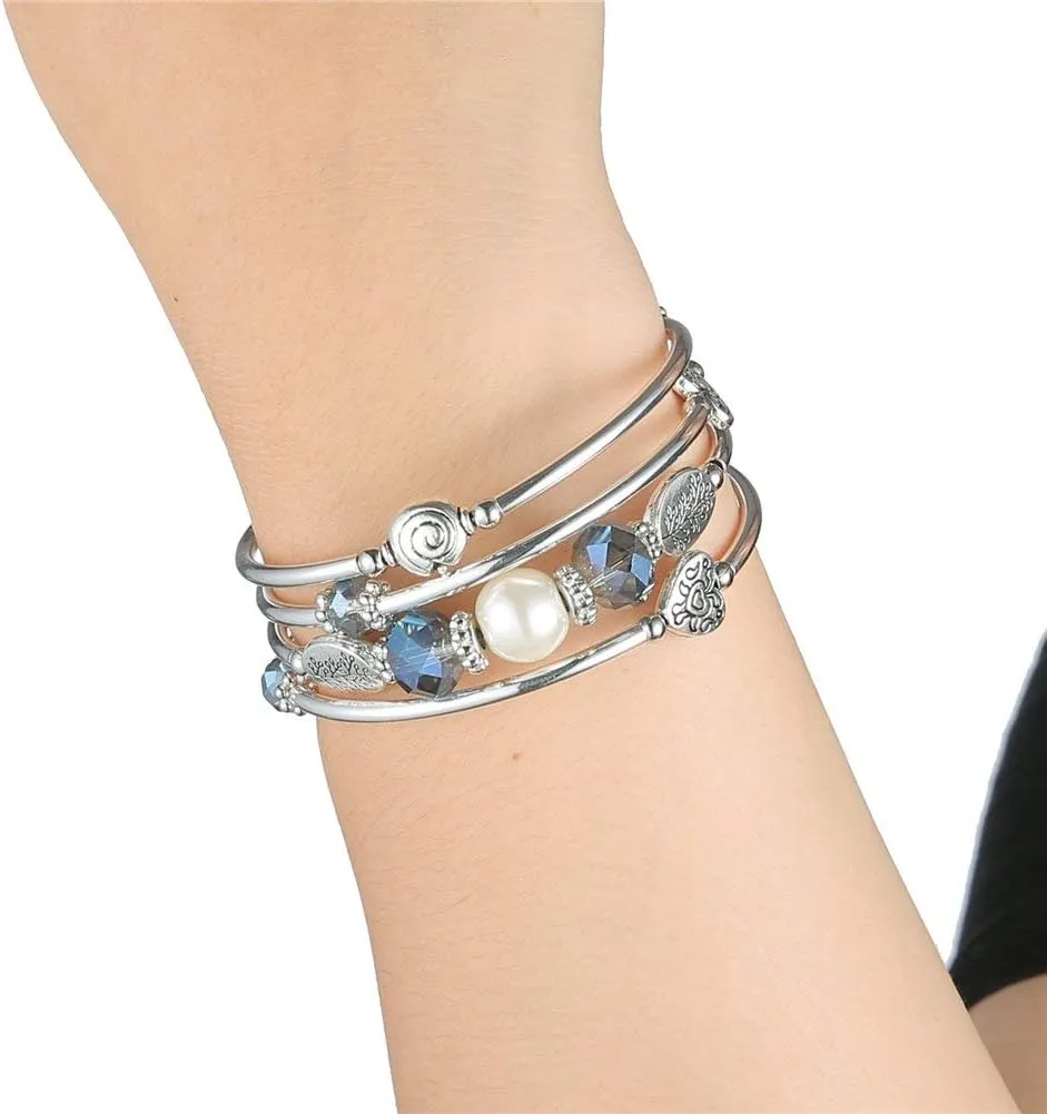 PEARL&CLUB Bead Crystal Wrap Bangle Bracelet - Fashion Jewelry Beaded Bracelet with Silver Metal, Gifts for Women