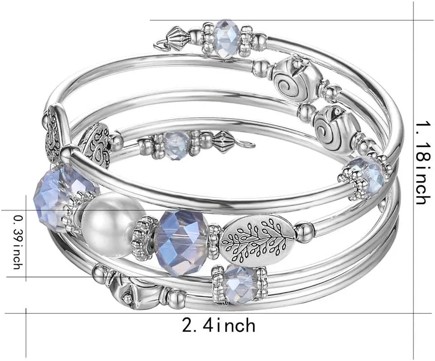 PEARL&CLUB Bead Crystal Wrap Bangle Bracelet - Fashion Jewelry Beaded Bracelet with Silver Metal, Gifts for Women