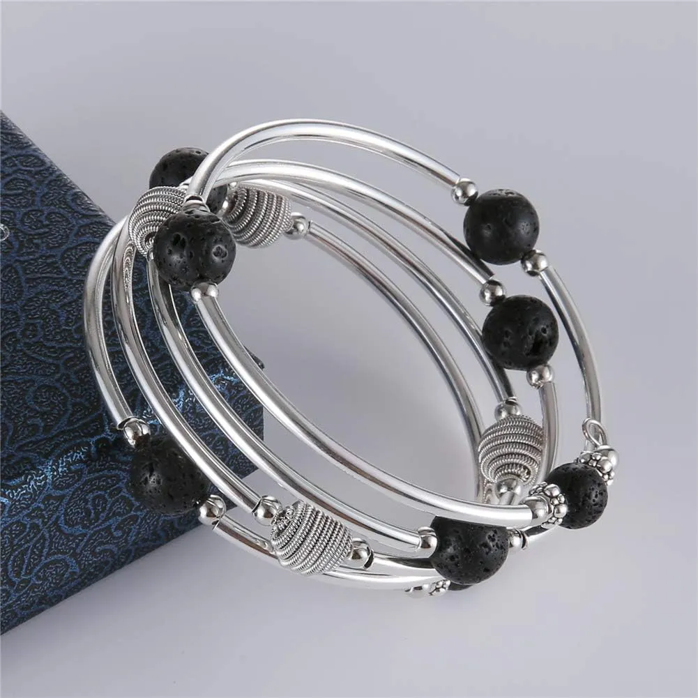 PEARL&CLUB Beaded Chakra Bangle Turquoise Bracelet - Fashion Jewelry Wrap Bracelet with Thick Silver Metal and Mala Beads, Birthday Gifts For Women