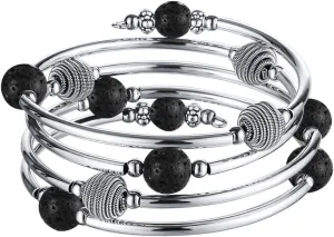 PEARL&CLUB Beaded Chakra Bangle Turquoise Bracelet - Fashion Jewelry Wrap Bracelet with Thick Silver Metal and Mala Beads, Birthday Gifts For Women