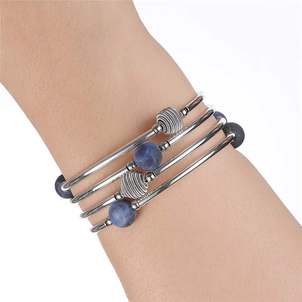 PEARL&CLUB Beaded Chakra Bangle Turquoise Bracelet - Fashion Jewelry Wrap Bracelet with Thick Silver Metal and Mala Beads, Birthday Gifts For Women