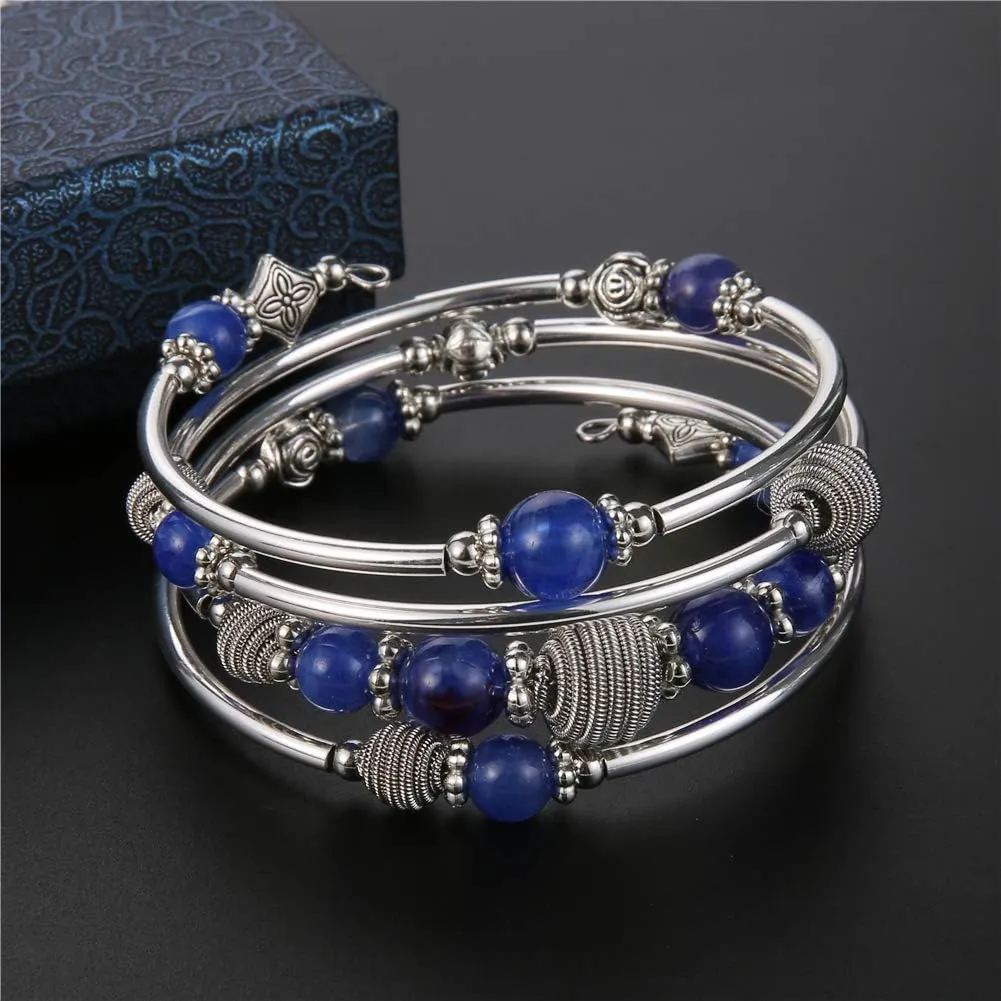 PEARL&CLUB Beaded Chakra Bangle Turquoise Bracelet - Fashion Jewelry Wrap Bracelet with Thick Silver Metal and Mala Beads, Birthday Gifts For Women