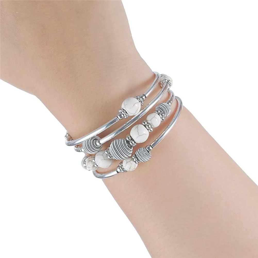 PEARL&CLUB Beaded Chakra Bangle Turquoise Bracelet - Fashion Jewelry Wrap Bracelet with Thick Silver Metal and Mala Beads, Birthday Gifts For Women