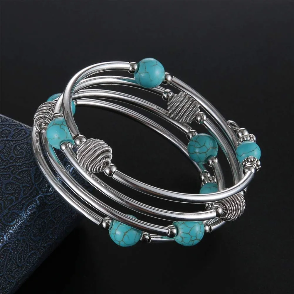 PEARL&CLUB Beaded Chakra Bangle Turquoise Bracelet - Fashion Jewelry Wrap Bracelet with Thick Silver Metal and Mala Beads, Birthday Gifts For Women