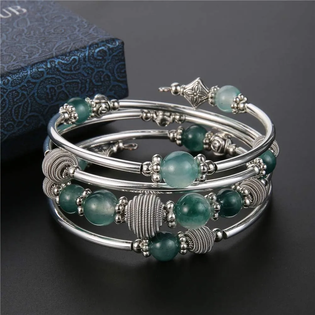 PEARL&CLUB Beaded Chakra Bangle Turquoise Bracelet - Fashion Jewelry Wrap Bracelet with Thick Silver Metal and Mala Beads, Birthday Gifts For Women