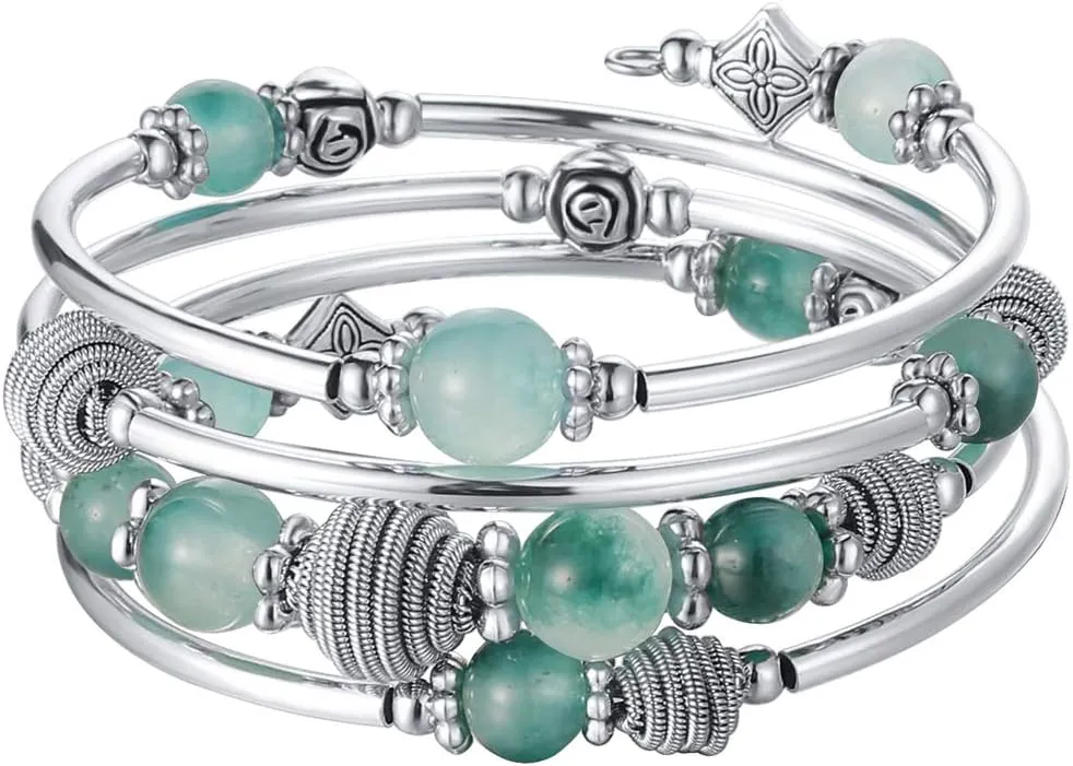 PEARL&CLUB Beaded Chakra Bangle Turquoise Bracelet - Fashion Jewelry Wrap Bracelet with Thick Silver Metal and Mala Beads, Birthday Gifts For Women