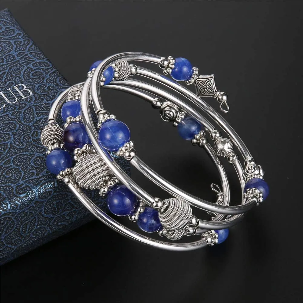 PEARL&CLUB Beaded Chakra Bangle Turquoise Bracelet - Fashion Jewelry Wrap Bracelet with Thick Silver Metal and Mala Beads, Birthday Gifts For Women