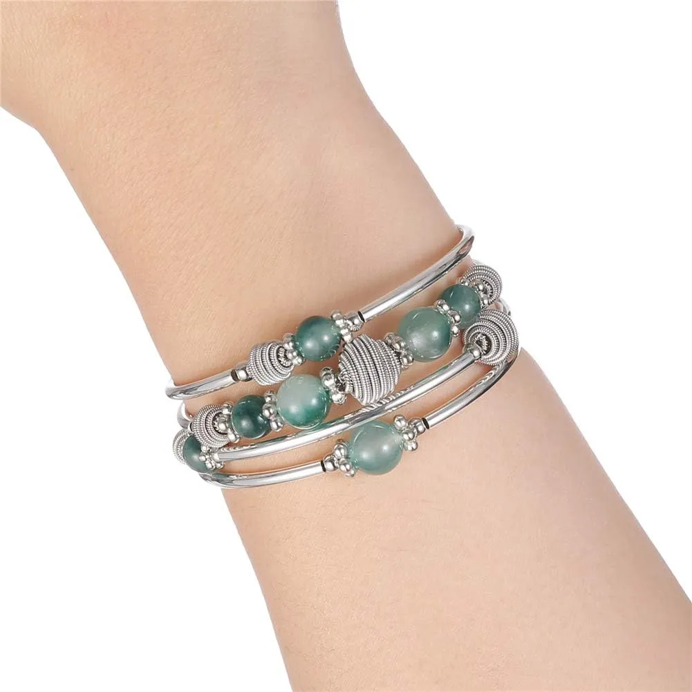 PEARL&CLUB Beaded Chakra Bangle Turquoise Bracelet - Fashion Jewelry Wrap Bracelet with Thick Silver Metal and Mala Beads, Birthday Gifts For Women