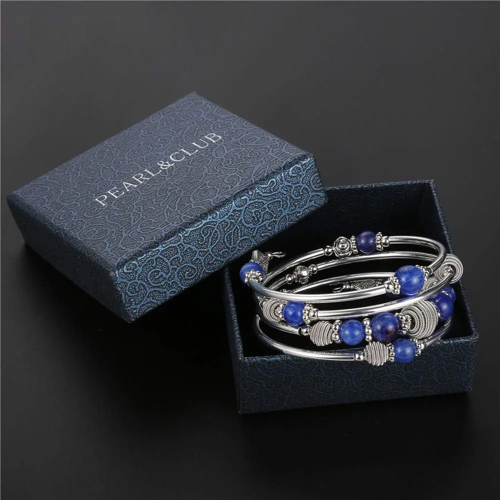 PEARL&CLUB Beaded Chakra Bangle Turquoise Bracelet - Fashion Jewelry Wrap Bracelet with Thick Silver Metal and Mala Beads, Birthday Gifts For Women