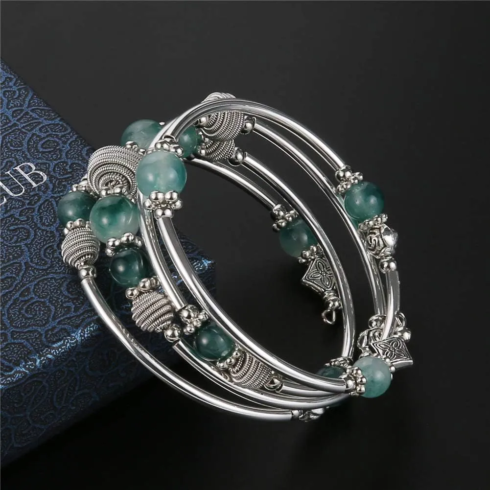 PEARL&CLUB Beaded Chakra Bangle Turquoise Bracelet - Fashion Jewelry Wrap Bracelet with Thick Silver Metal and Mala Beads, Birthday Gifts For Women