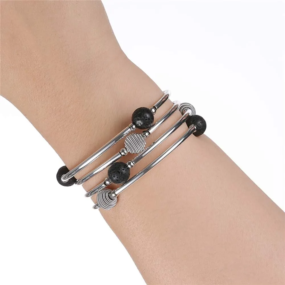 PEARL&CLUB Beaded Chakra Bangle Turquoise Bracelet - Fashion Jewelry Wrap Bracelet with Thick Silver Metal and Mala Beads, Birthday Gifts For Women