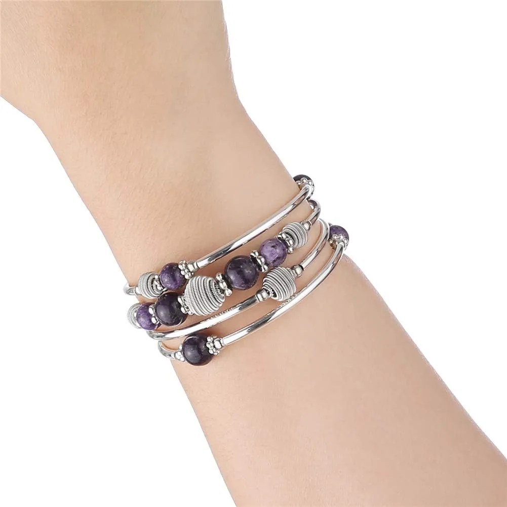 PEARL&CLUB Beaded Chakra Bangle Turquoise Bracelet - Fashion Jewelry Wrap Bracelet with Thick Silver Metal and Mala Beads, Birthday Gifts For Women