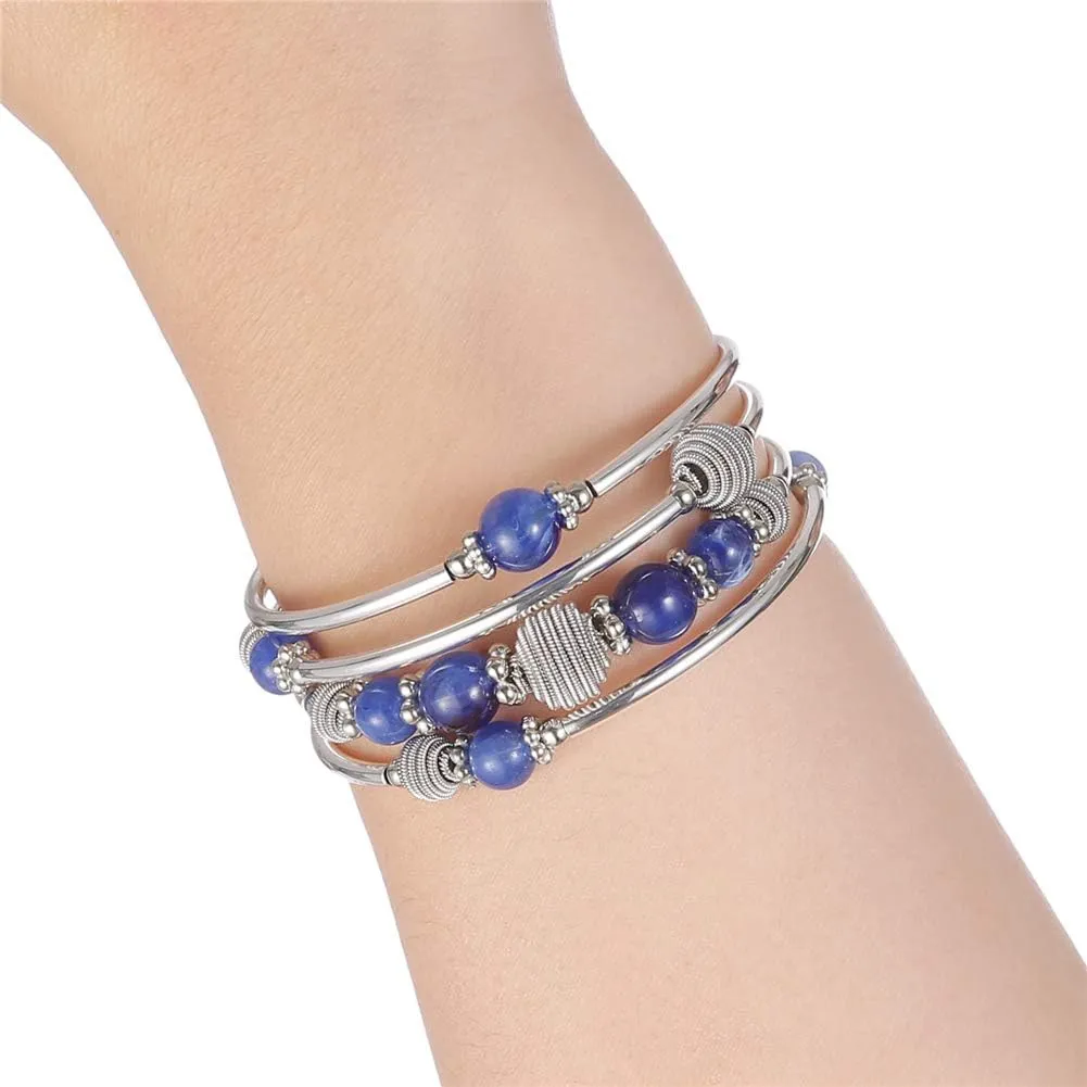 PEARL&CLUB Beaded Chakra Bangle Turquoise Bracelet - Fashion Jewelry Wrap Bracelet with Thick Silver Metal and Mala Beads, Birthday Gifts For Women