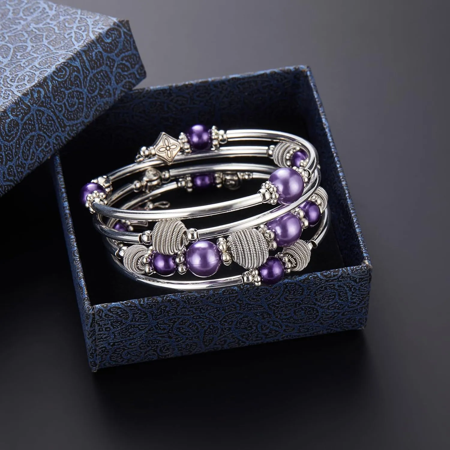 PEARL&CLUB Beaded Chakra Bangle Turquoise Bracelet - Fashion Jewelry Wrap Bracelet with Thick Silver Metal and Mala Beads, Birthday Gifts For Women