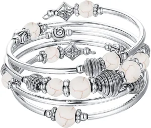 PEARL&CLUB Beaded Chakra Bangle Turquoise Bracelet - Fashion Jewelry Wrap Bracelet with Thick Silver Metal and Mala Beads, Birthday Gifts For Women
