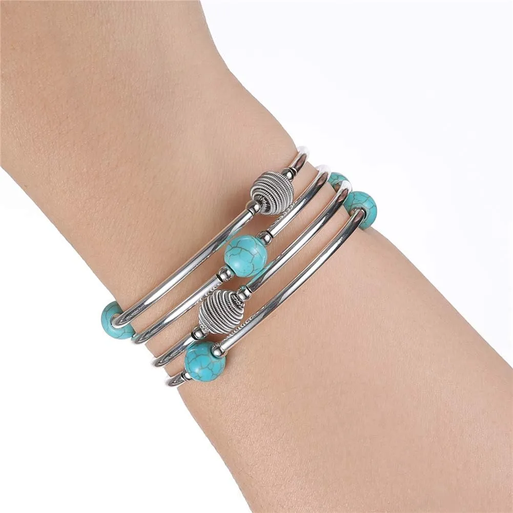 PEARL&CLUB Beaded Chakra Bangle Turquoise Bracelet - Fashion Jewelry Wrap Bracelet with Thick Silver Metal and Mala Beads, Birthday Gifts For Women