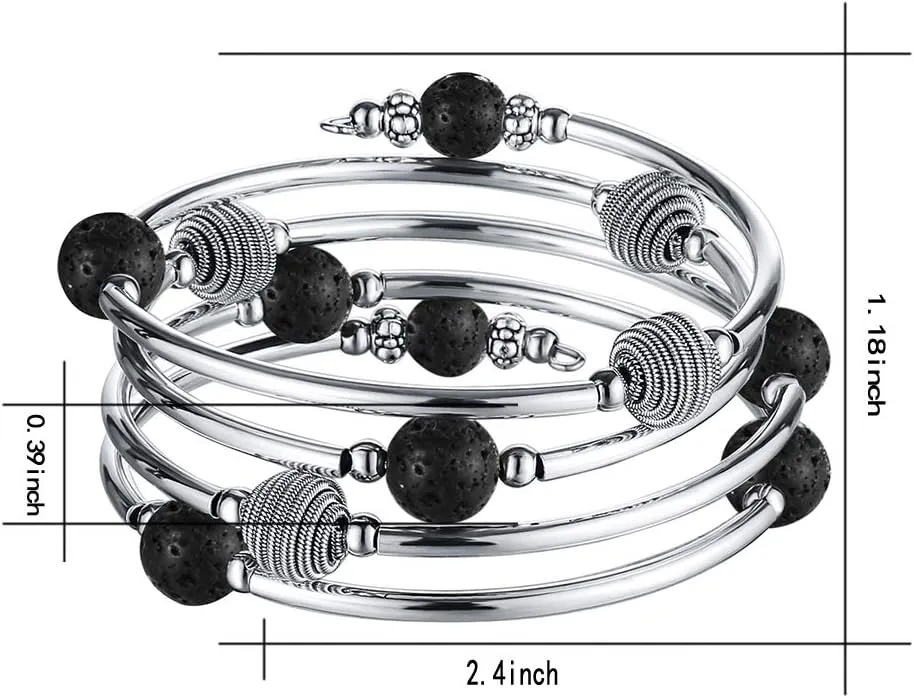 PEARL&CLUB Beaded Chakra Bangle Turquoise Bracelet - Fashion Jewelry Wrap Bracelet with Thick Silver Metal and Mala Beads, Birthday Gifts For Women