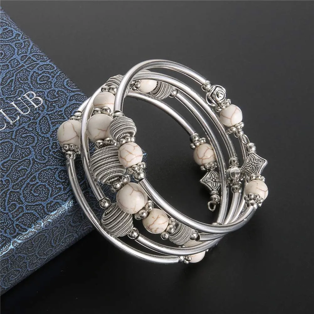 PEARL&CLUB Beaded Chakra Bangle Turquoise Bracelet - Fashion Jewelry Wrap Bracelet with Thick Silver Metal and Mala Beads, Birthday Gifts For Women