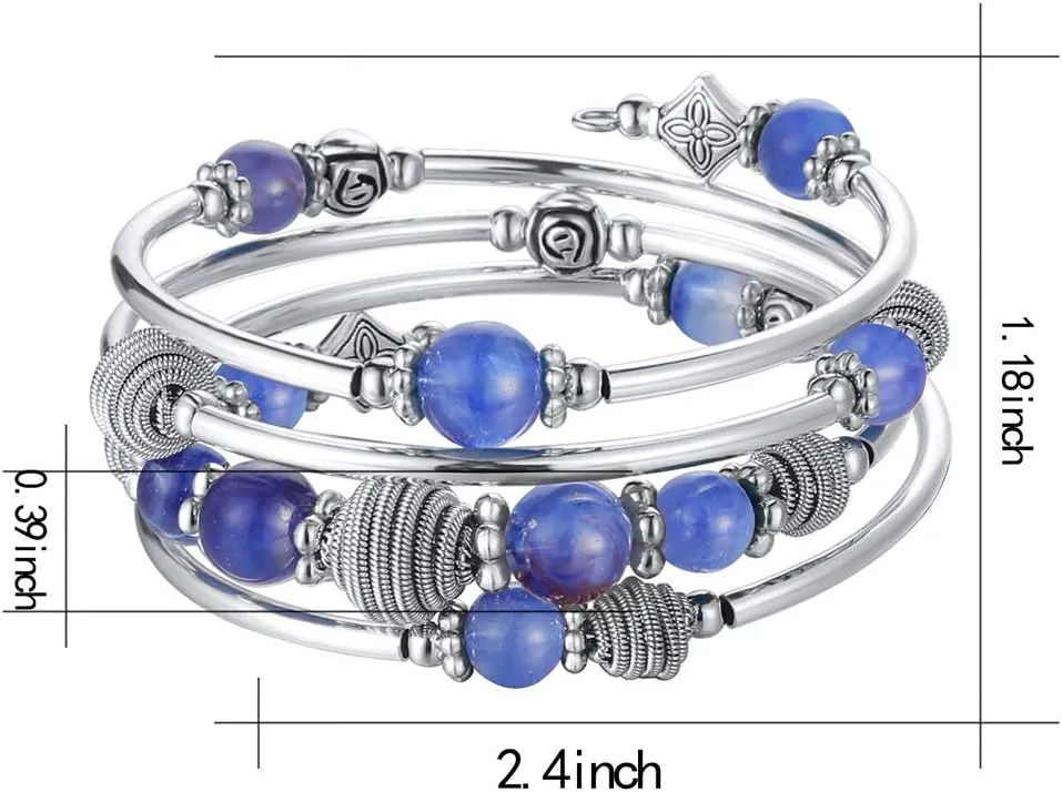 PEARL&CLUB Beaded Chakra Bangle Turquoise Bracelet - Fashion Jewelry Wrap Bracelet with Thick Silver Metal and Mala Beads, Birthday Gifts For Women