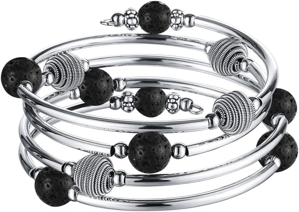PEARL&CLUB Beaded Chakra Bangle Turquoise Bracelet - Fashion Jewelry Wrap Bracelet with Thick Silver Metal and Mala Beads, Birthday Gifts For Women