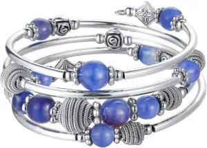 PEARL&CLUB Beaded Chakra Bangle Turquoise Bracelet - Fashion Jewelry Wrap Bracelet with Thick Silver Metal and Mala Beads, Birthday Gifts For Women