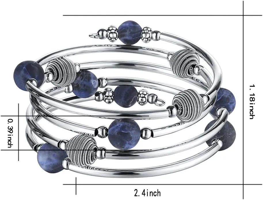 PEARL&CLUB Beaded Chakra Bangle Turquoise Bracelet - Fashion Jewelry Wrap Bracelet with Thick Silver Metal and Mala Beads, Birthday Gifts For Women