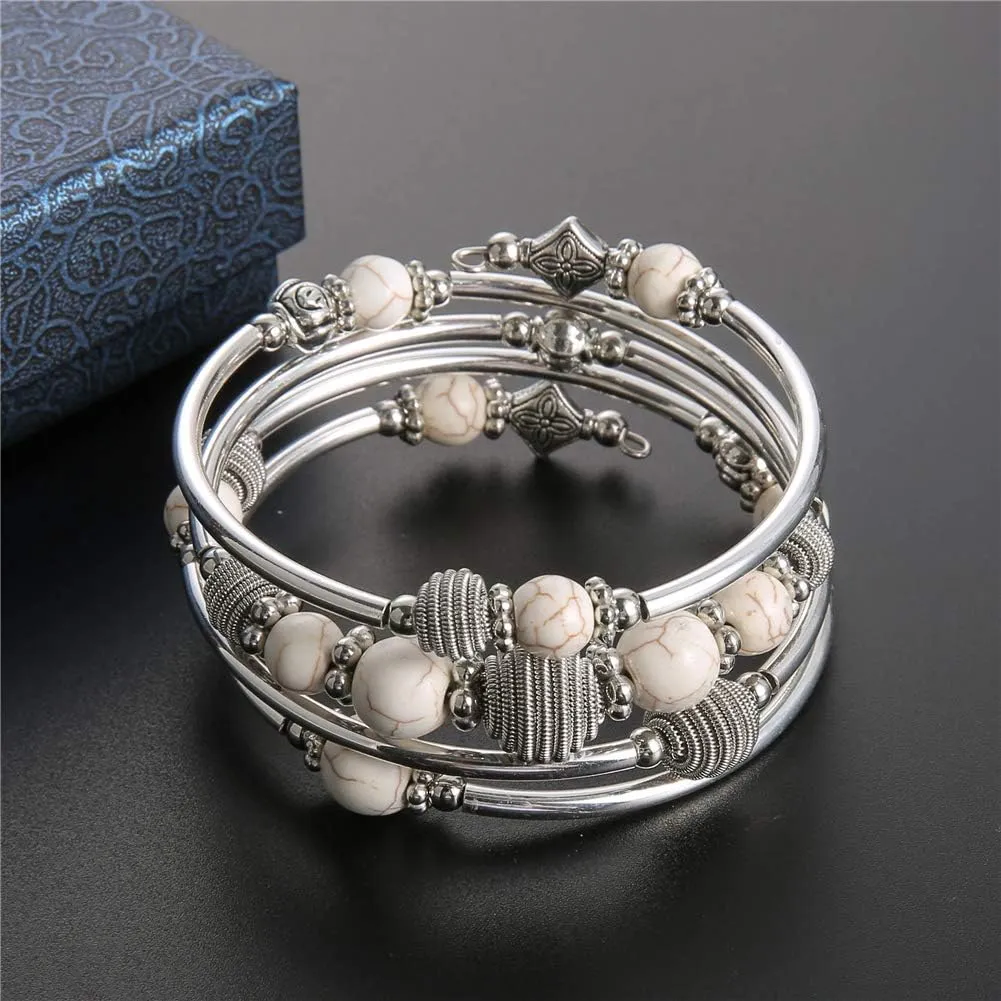 PEARL&CLUB Beaded Chakra Bangle Turquoise Bracelet - Fashion Jewelry Wrap Bracelet with Thick Silver Metal and Mala Beads, Birthday Gifts For Women