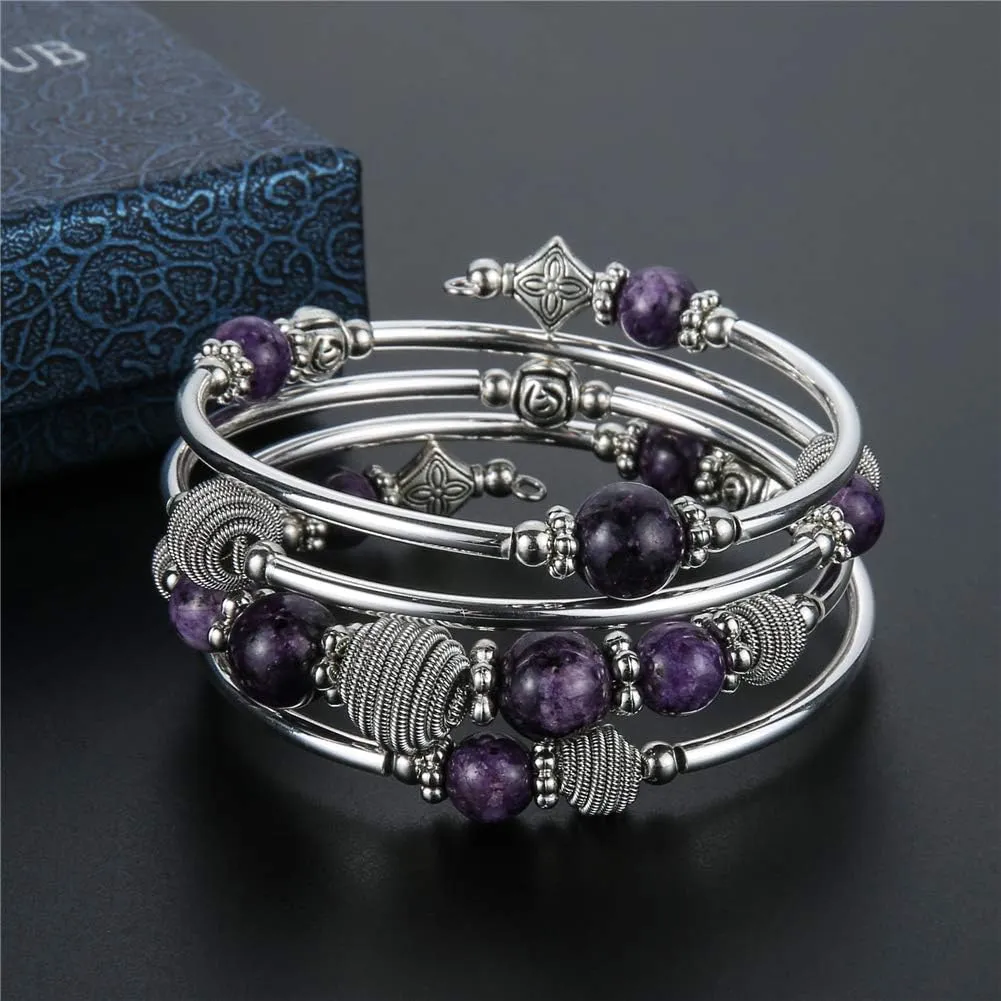 PEARL&CLUB Beaded Chakra Bangle Turquoise Bracelet - Fashion Jewelry Wrap Bracelet with Thick Silver Metal and Mala Beads, Birthday Gifts For Women