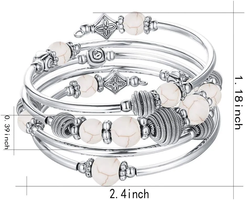 PEARL&CLUB Beaded Chakra Bangle Turquoise Bracelet - Fashion Jewelry Wrap Bracelet with Thick Silver Metal and Mala Beads, Birthday Gifts For Women