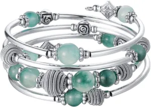PEARL&CLUB Beaded Chakra Bangle Turquoise Bracelet - Fashion Jewelry Wrap Bracelet with Thick Silver Metal and Mala Beads, Birthday Gifts For Women