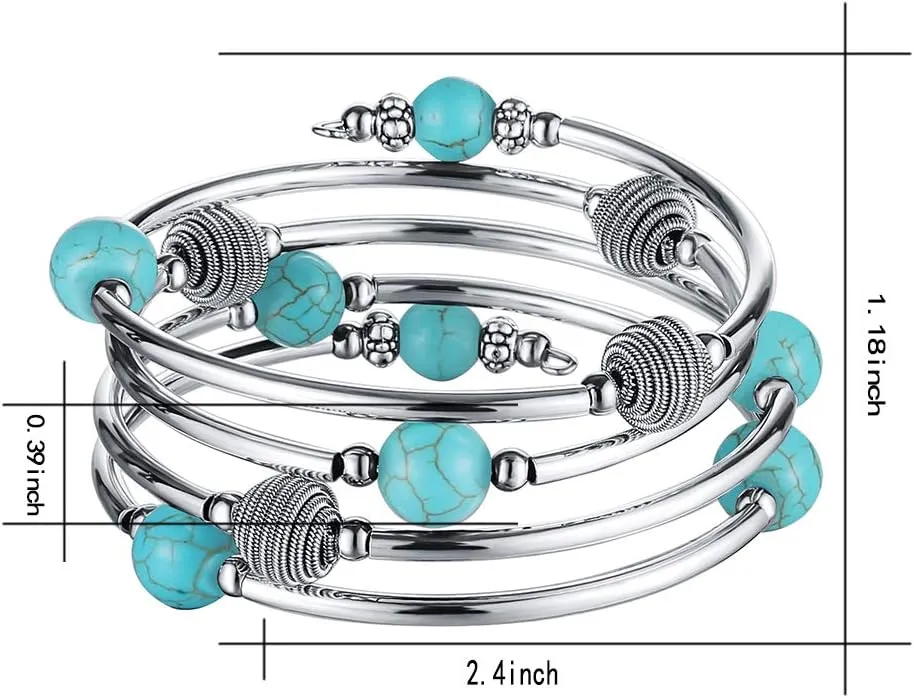PEARL&CLUB Beaded Chakra Bangle Turquoise Bracelet - Fashion Jewelry Wrap Bracelet with Thick Silver Metal and Mala Beads, Birthday Gifts For Women