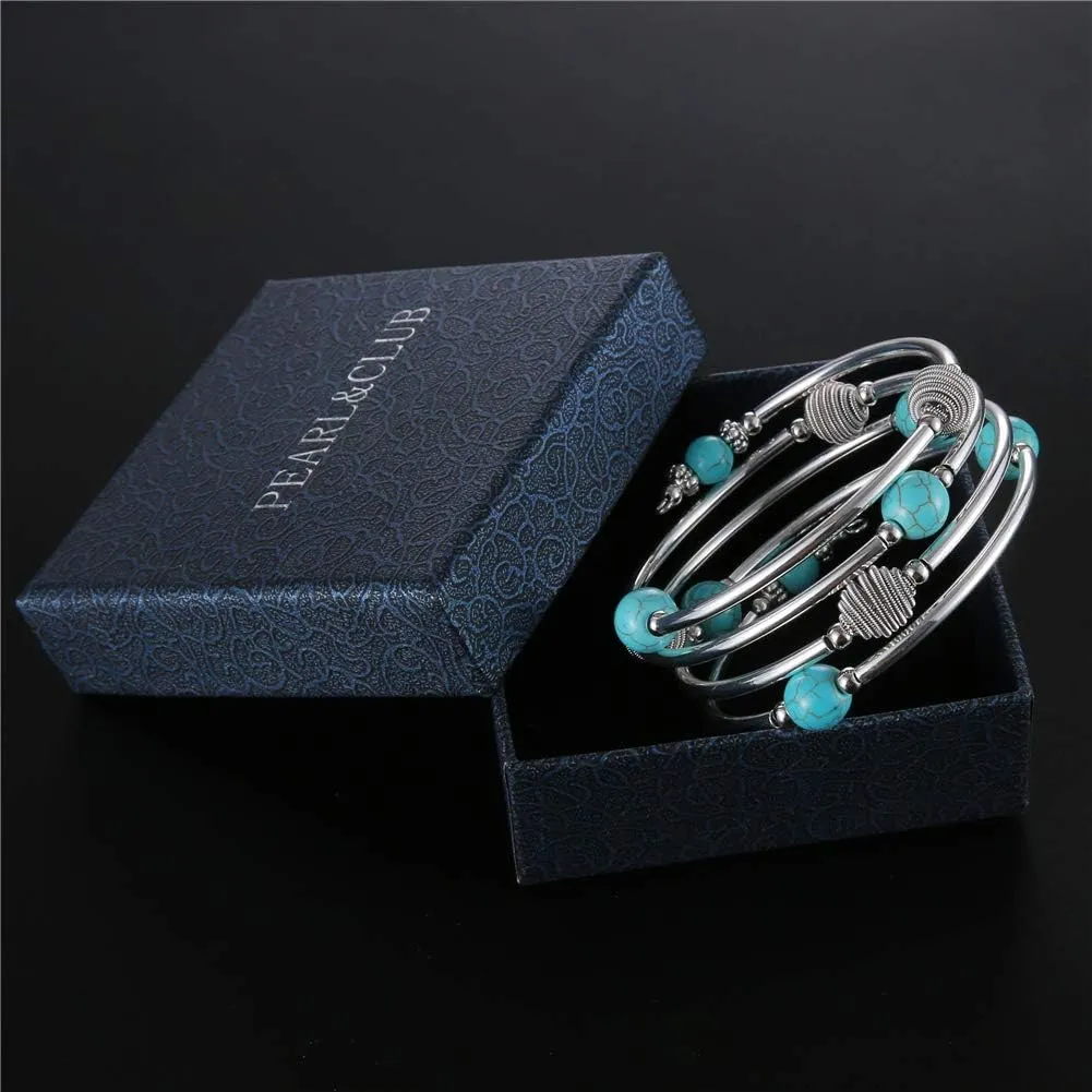 PEARL&CLUB Beaded Chakra Bangle Turquoise Bracelet - Fashion Jewelry Wrap Bracelet with Thick Silver Metal and Mala Beads, Birthday Gifts For Women