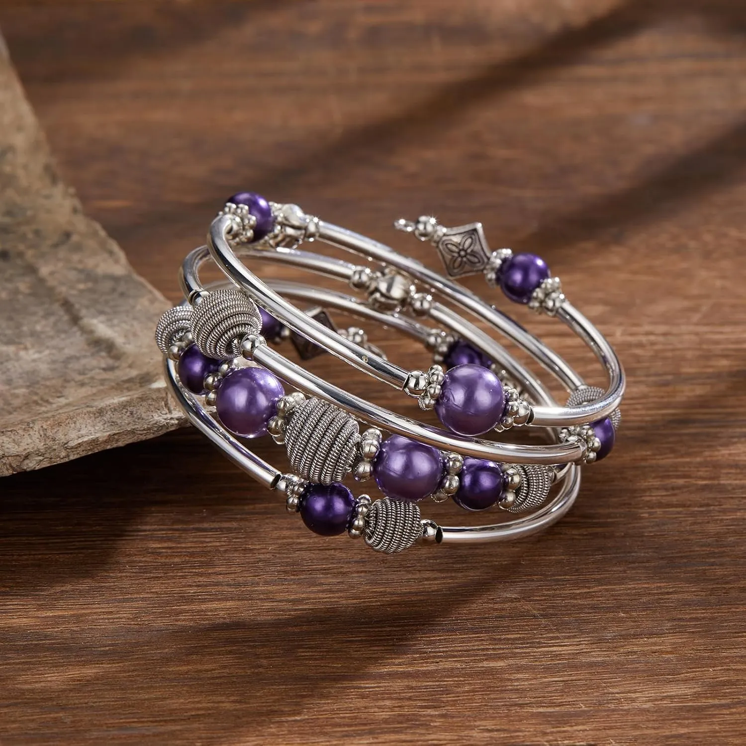 PEARL&CLUB Beaded Chakra Bangle Turquoise Bracelet - Fashion Jewelry Wrap Bracelet with Thick Silver Metal and Mala Beads, Birthday Gifts For Women
