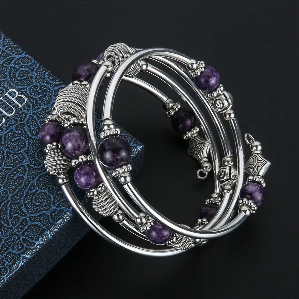PEARL&CLUB Beaded Chakra Bangle Turquoise Bracelet - Fashion Jewelry Wrap Bracelet with Thick Silver Metal and Mala Beads, Birthday Gifts For Women