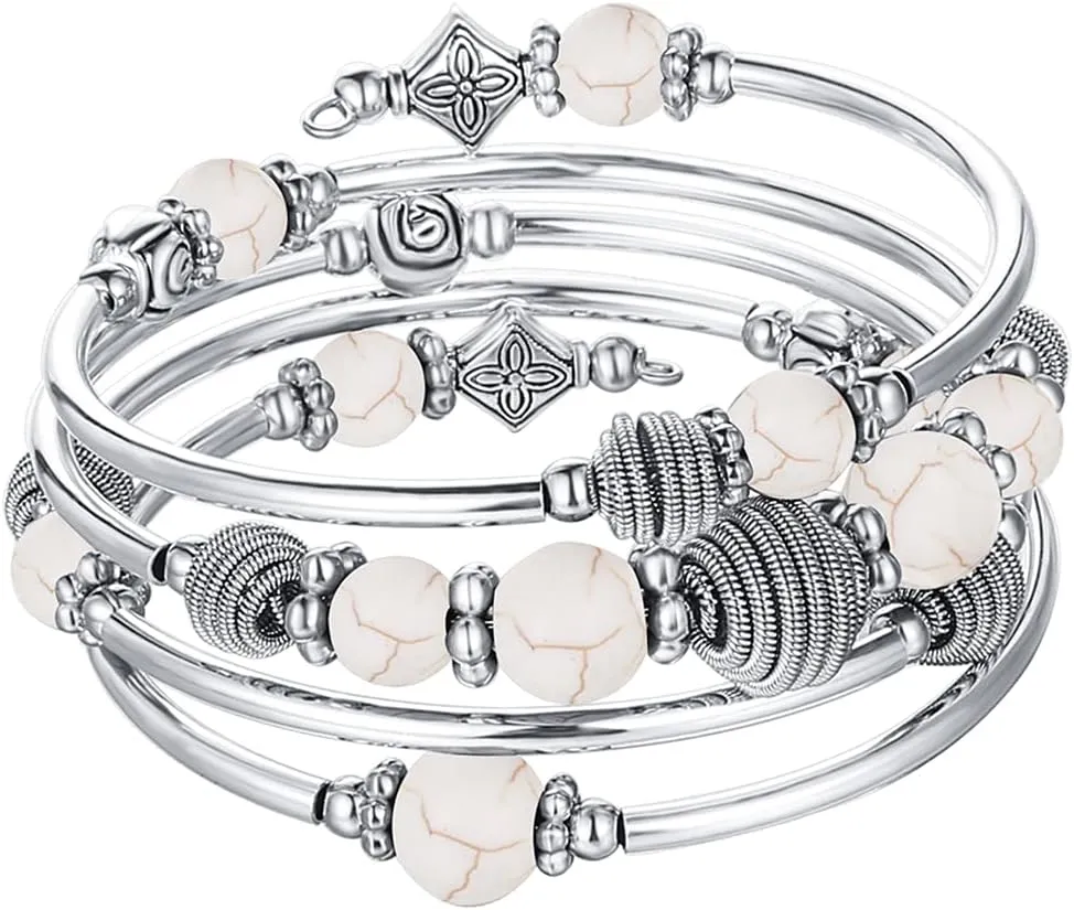 PEARL&CLUB Beaded Chakra Bangle Turquoise Bracelet - Fashion Jewelry Wrap Bracelet with Thick Silver Metal and Mala Beads, Birthday Gifts For Women
