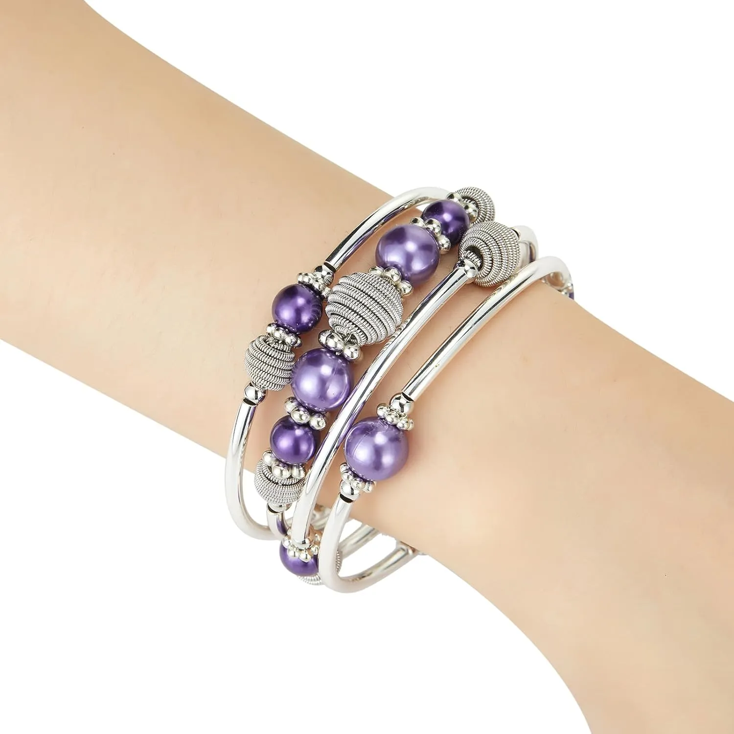 PEARL&CLUB Beaded Chakra Bangle Turquoise Bracelet - Fashion Jewelry Wrap Bracelet with Thick Silver Metal and Mala Beads, Birthday Gifts For Women